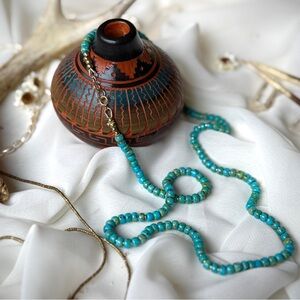 Hand Silk Strung Turquoise Picasso Glass Gold Beaded Wrap Necklace
